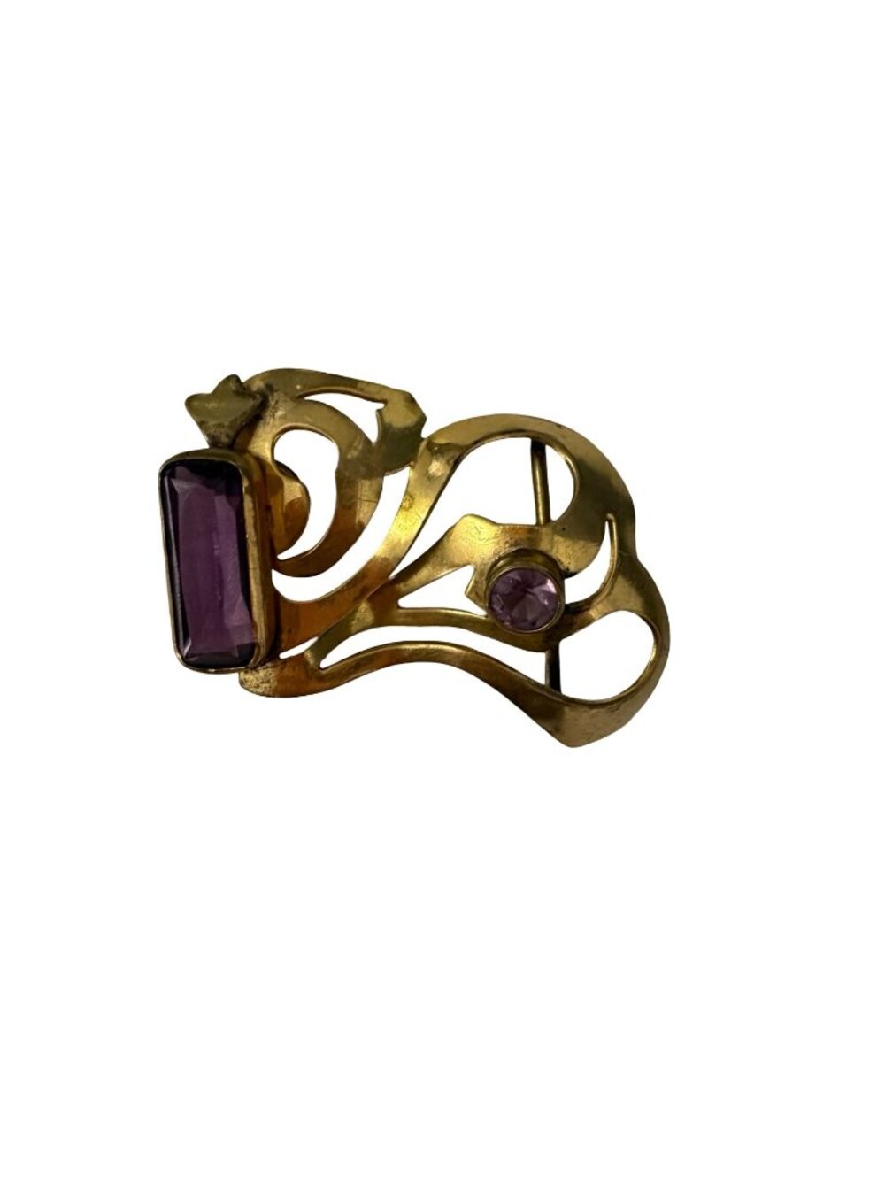 Vintage Art Nouveau Style Brass Scarf Clip Purple Glass Rhinestone Dress Clip